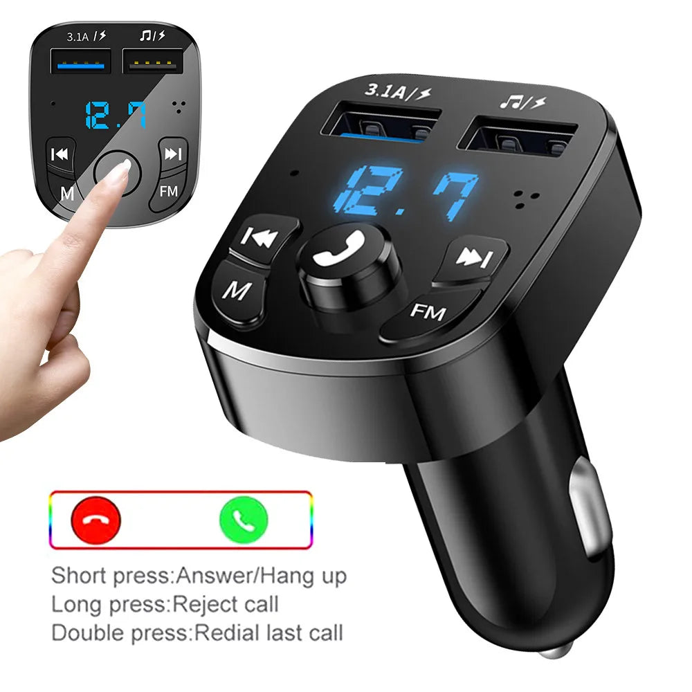 Car Charger FM Transmitter Bluetooth Audio - Dual USB, Hands-Free, High-Performance