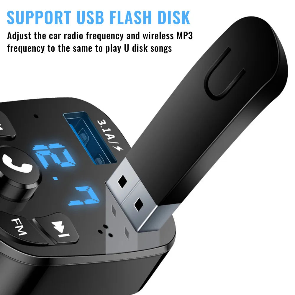 Car Charger FM Transmitter Bluetooth Audio - Dual USB, Hands-Free, High-Performance