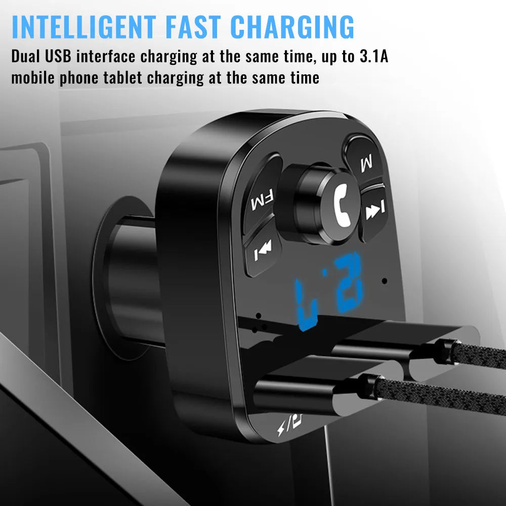 Car Charger FM Transmitter Bluetooth Audio - Dual USB, Hands-Free, High-Performance