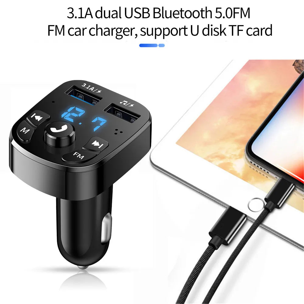 Car Charger FM Transmitter Bluetooth Audio - Dual USB, Hands-Free, High-Performance