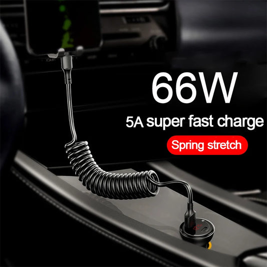 Ultra-Fast 66W Dual USB Spring Telescopic Cable – Extendable & Tangle-Free
