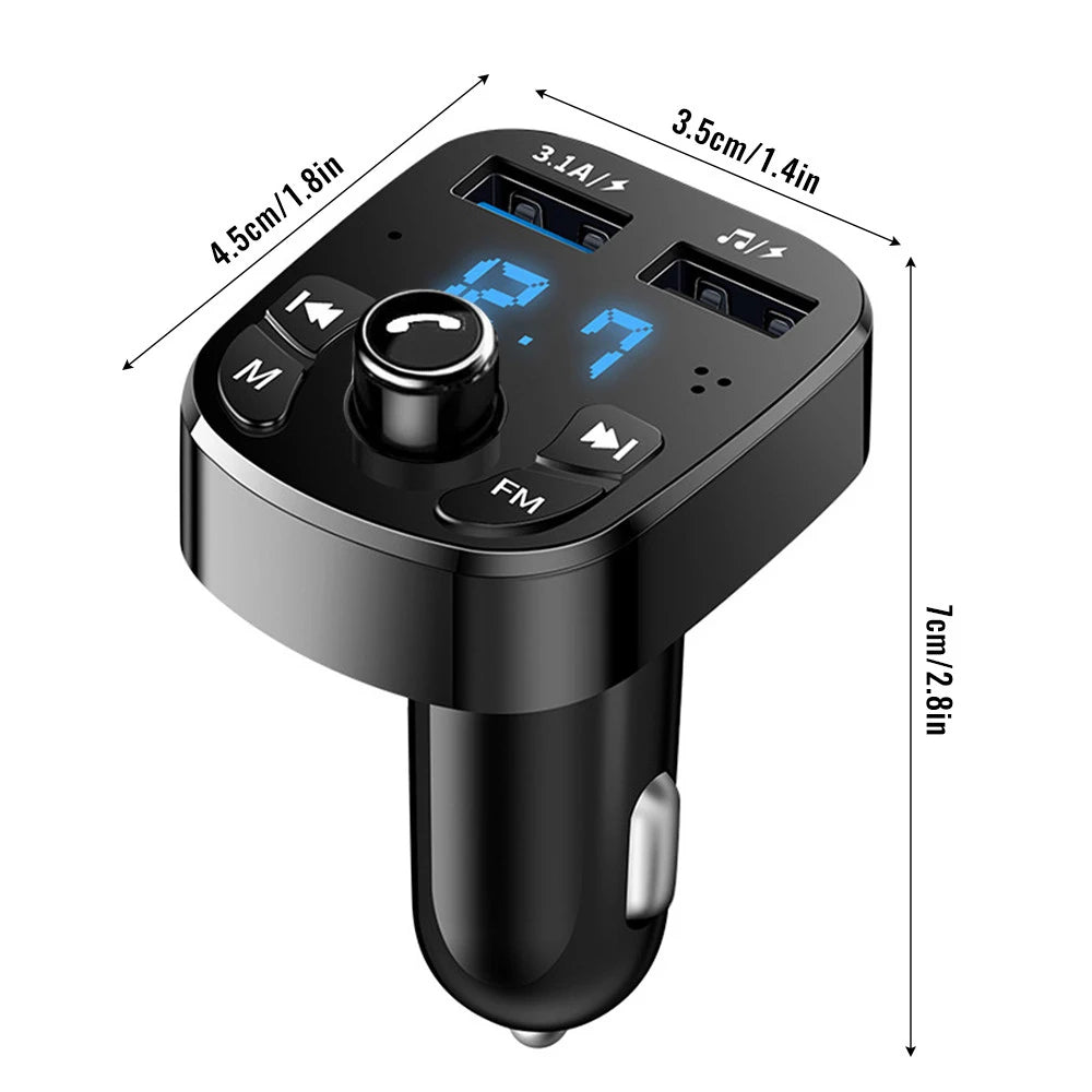 Car Charger FM Transmitter Bluetooth Audio - Dual USB, Hands-Free, High-Performance