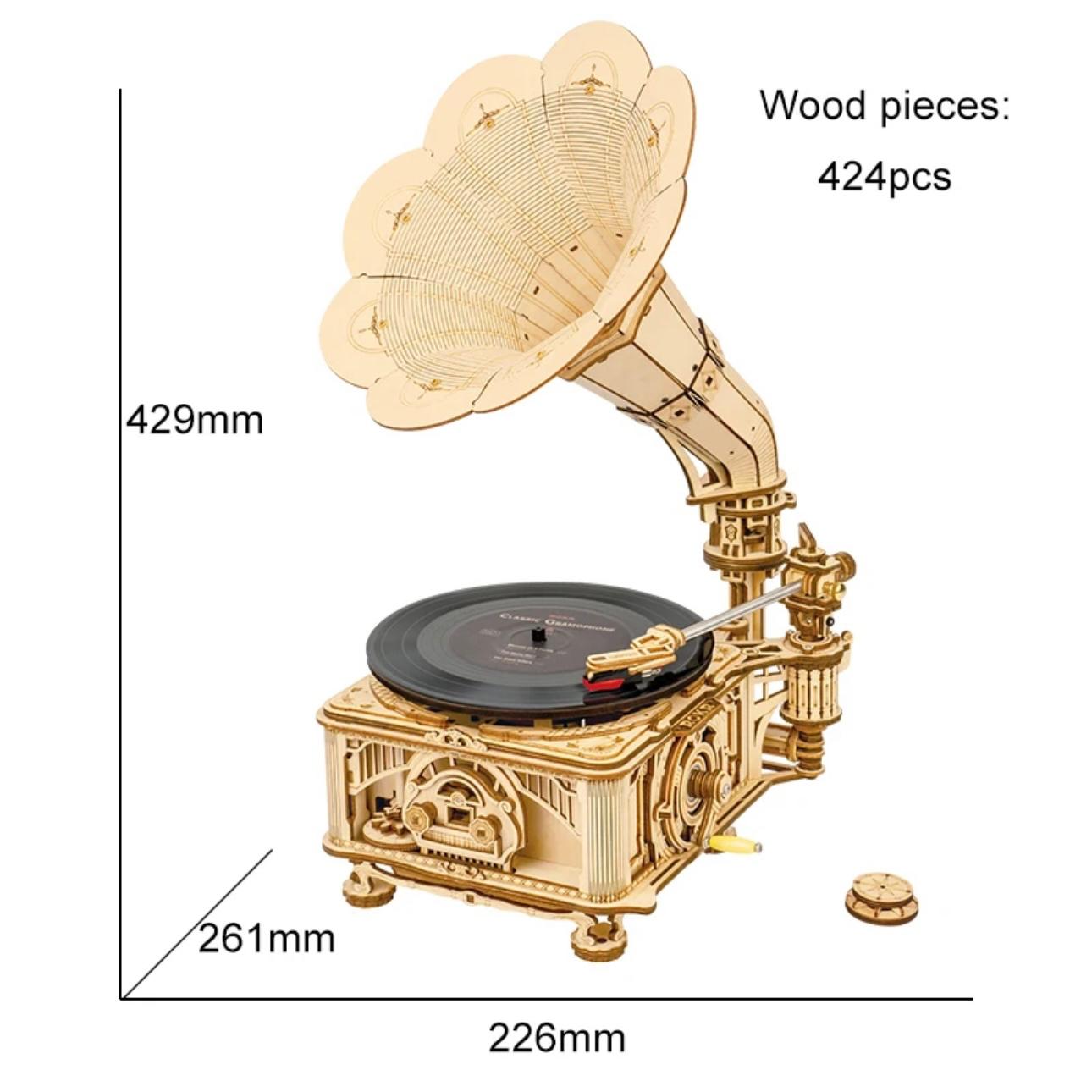 RetroCraft DIY Gramophone: Wooden Puzzle Model Kit with Hand Crank & Electric Versions
