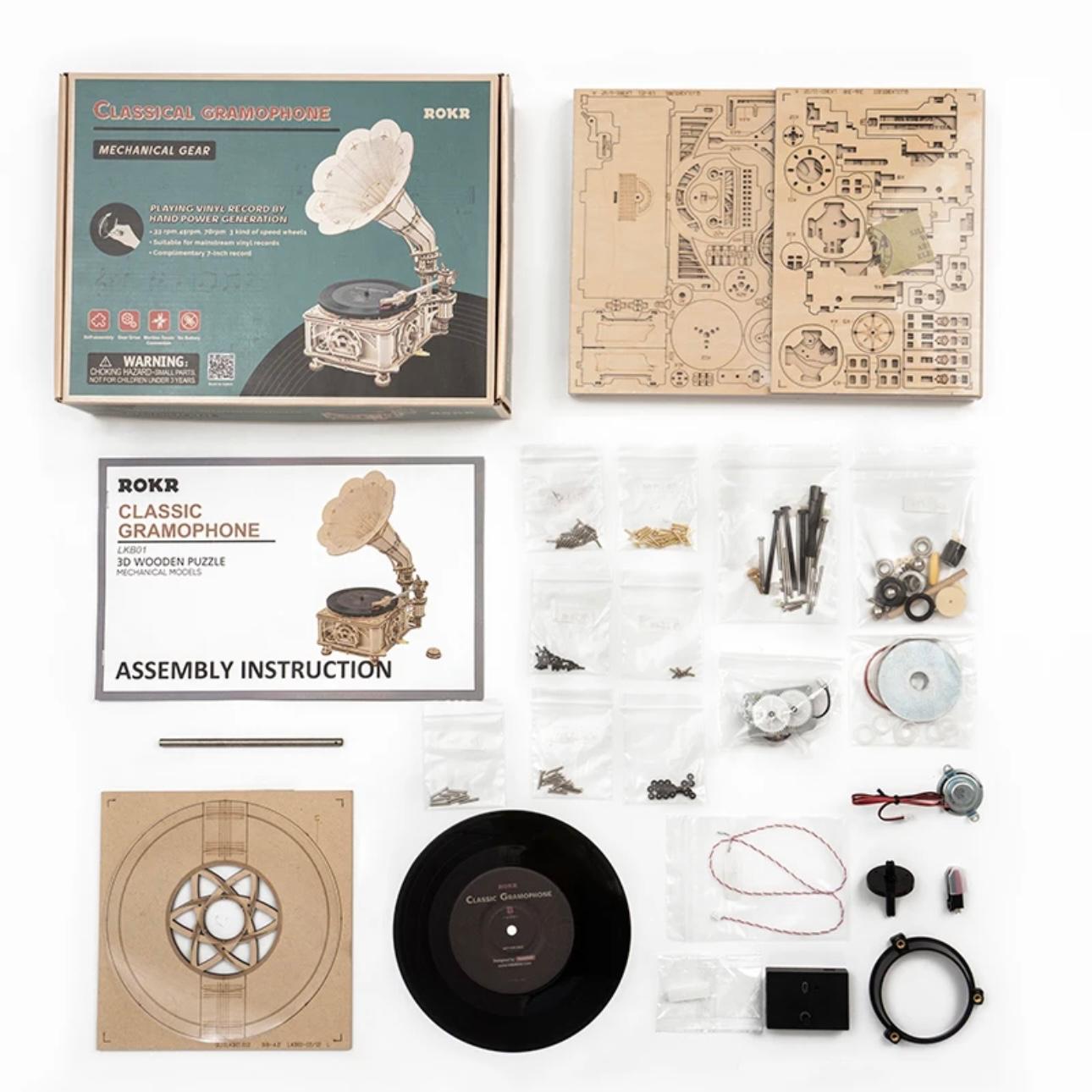 RetroCraft DIY Gramophone: Wooden Puzzle Model Kit with Hand Crank & Electric Versions