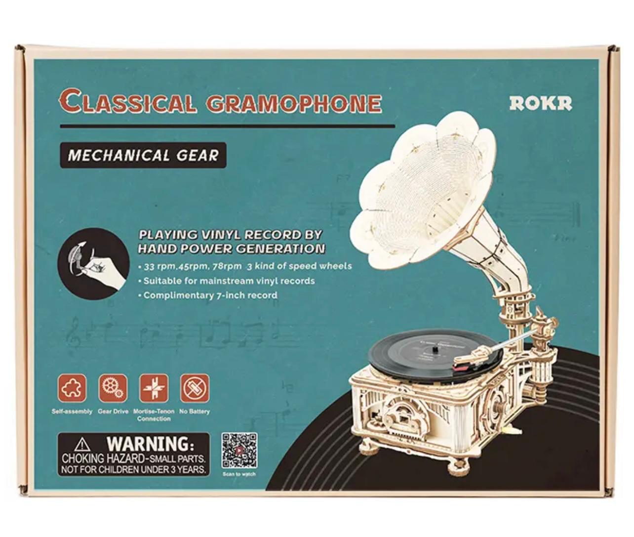 RetroCraft DIY Gramophone: Wooden Puzzle Model Kit with Hand Crank & Electric Versions