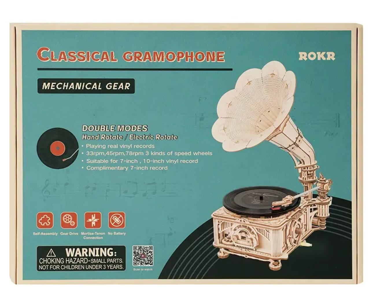 RetroCraft DIY Gramophone: Wooden Puzzle Model Kit with Hand Crank & Electric Versions