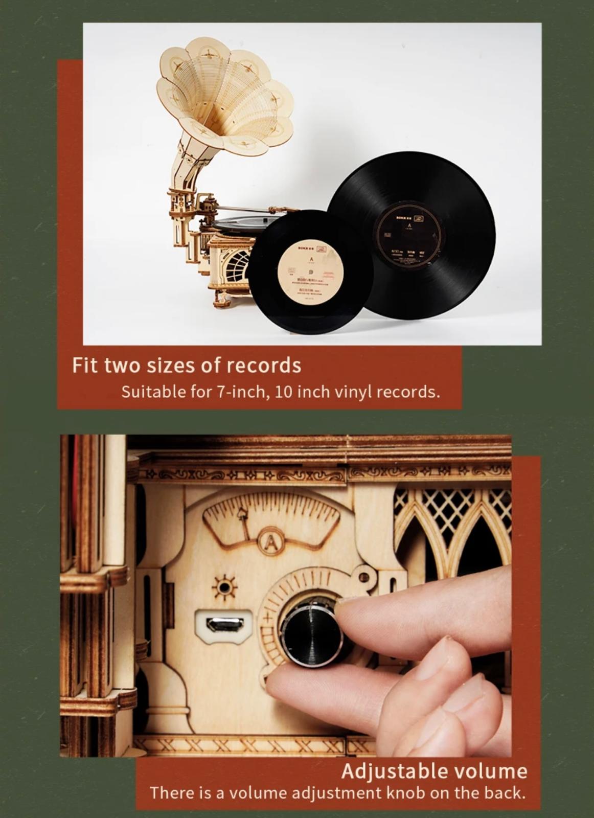 RetroCraft DIY Gramophone: Wooden Puzzle Model Kit with Hand Crank & Electric Versions