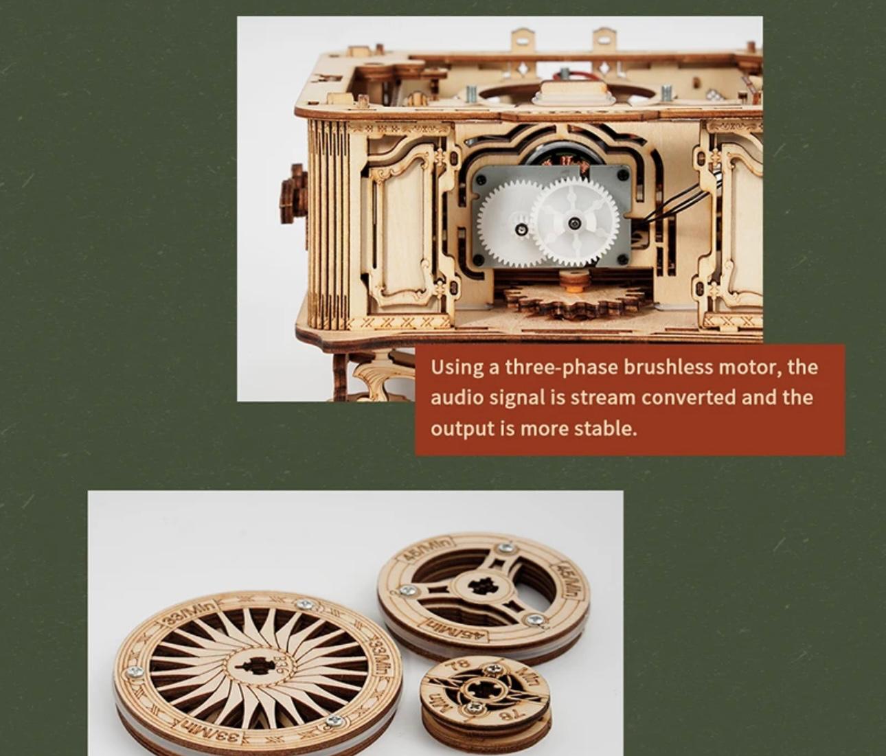 RetroCraft DIY Gramophone: Wooden Puzzle Model Kit with Hand Crank & Electric Versions