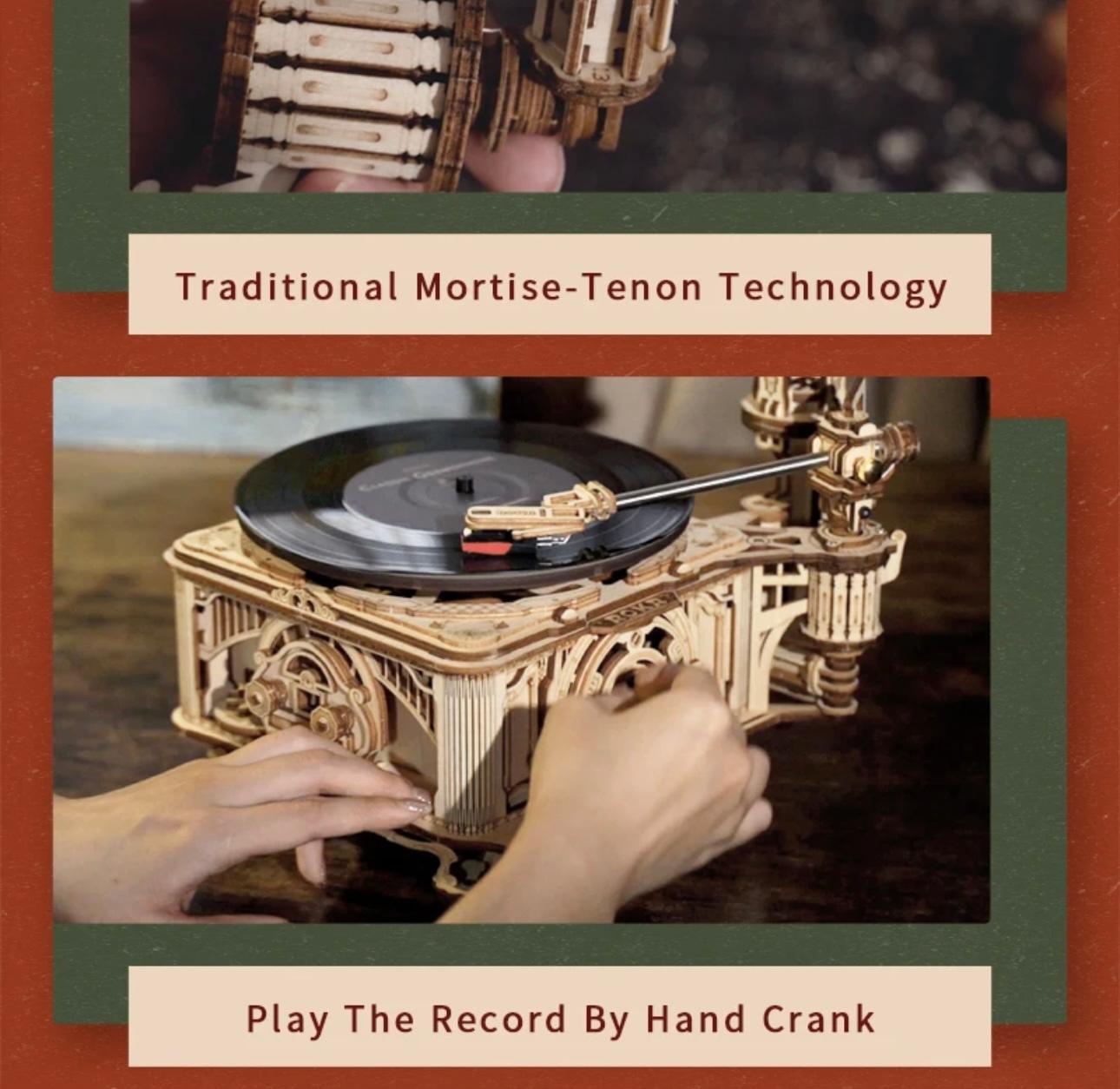RetroCraft DIY Gramophone: Wooden Puzzle Model Kit with Hand Crank & Electric Versions